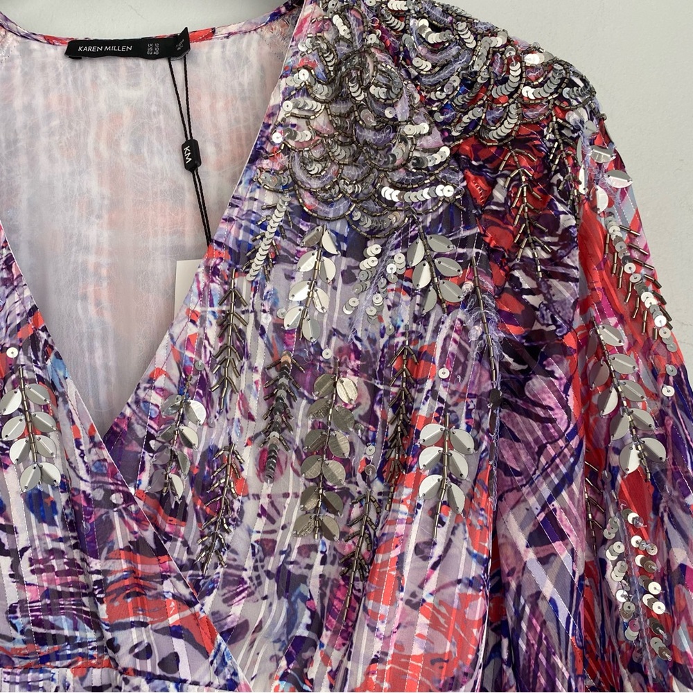 NEW Karen Millen Beaded Embellished Drama Kimono Woven Dress Size 10 Pink Purple - Picture 6 of 15